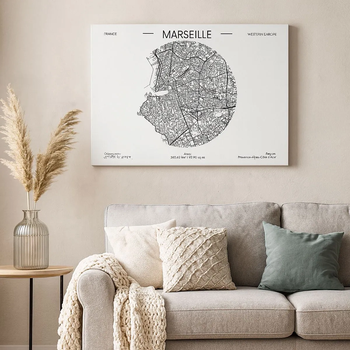 Canvas picture - Map of Marseille in a minimalist style - 70x50cm - Anatomy of Marseille - Modern wall decoration for the living room and bedroom ARTTOR