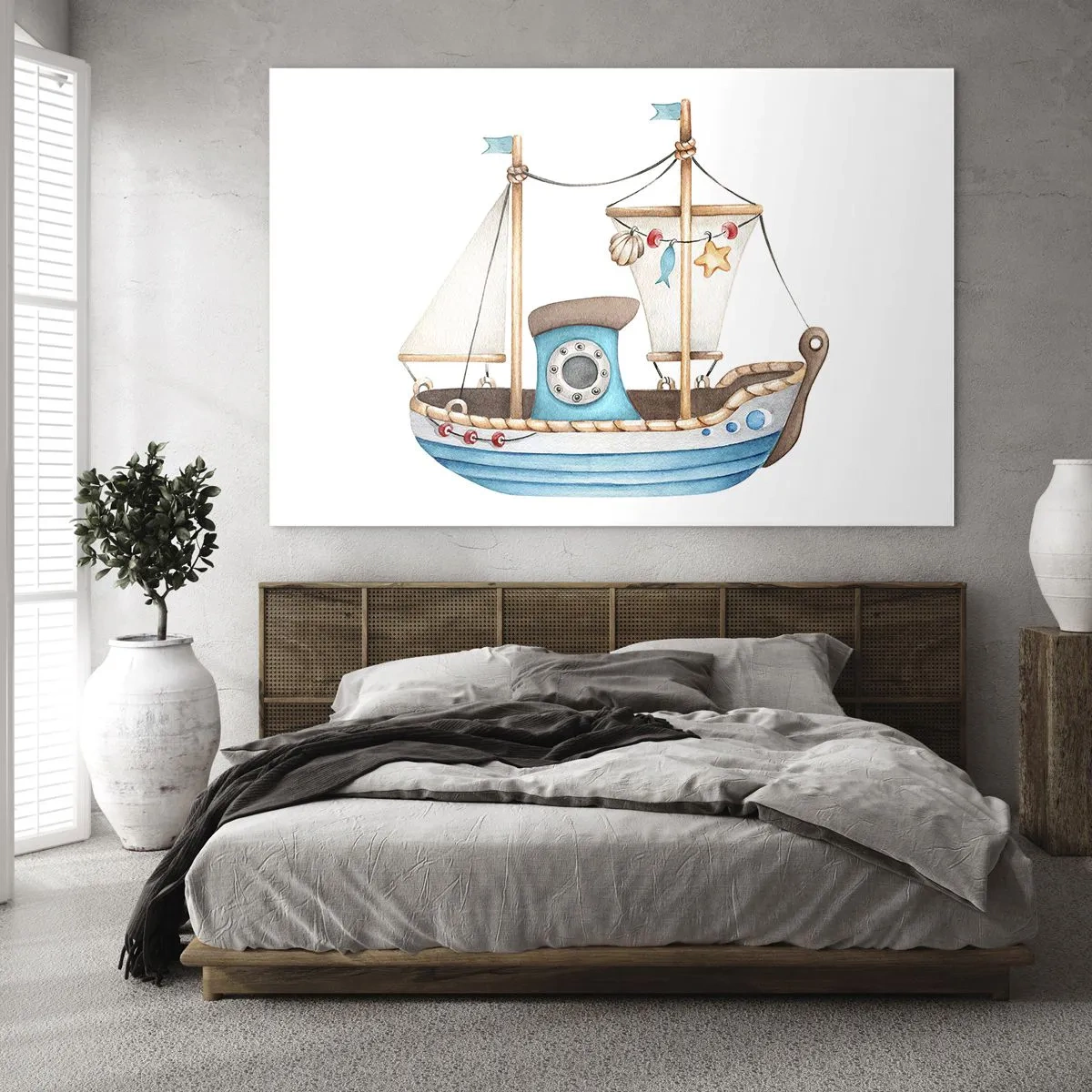 Glass picture - Illustration of a children's ship on a white background - 70x50cm - Ahoy, Adventure! - Modern wall decoration for the living room and bedroom ARTTOR
