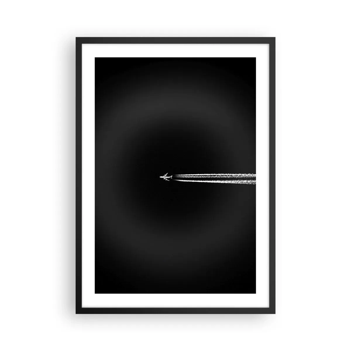 Poster in black frame - An airplane flying against a black background, leaving contrails behind. - 50x70cm - Into Another Dimension - Modern wall decoration for the living room and bedroom ARTTOR