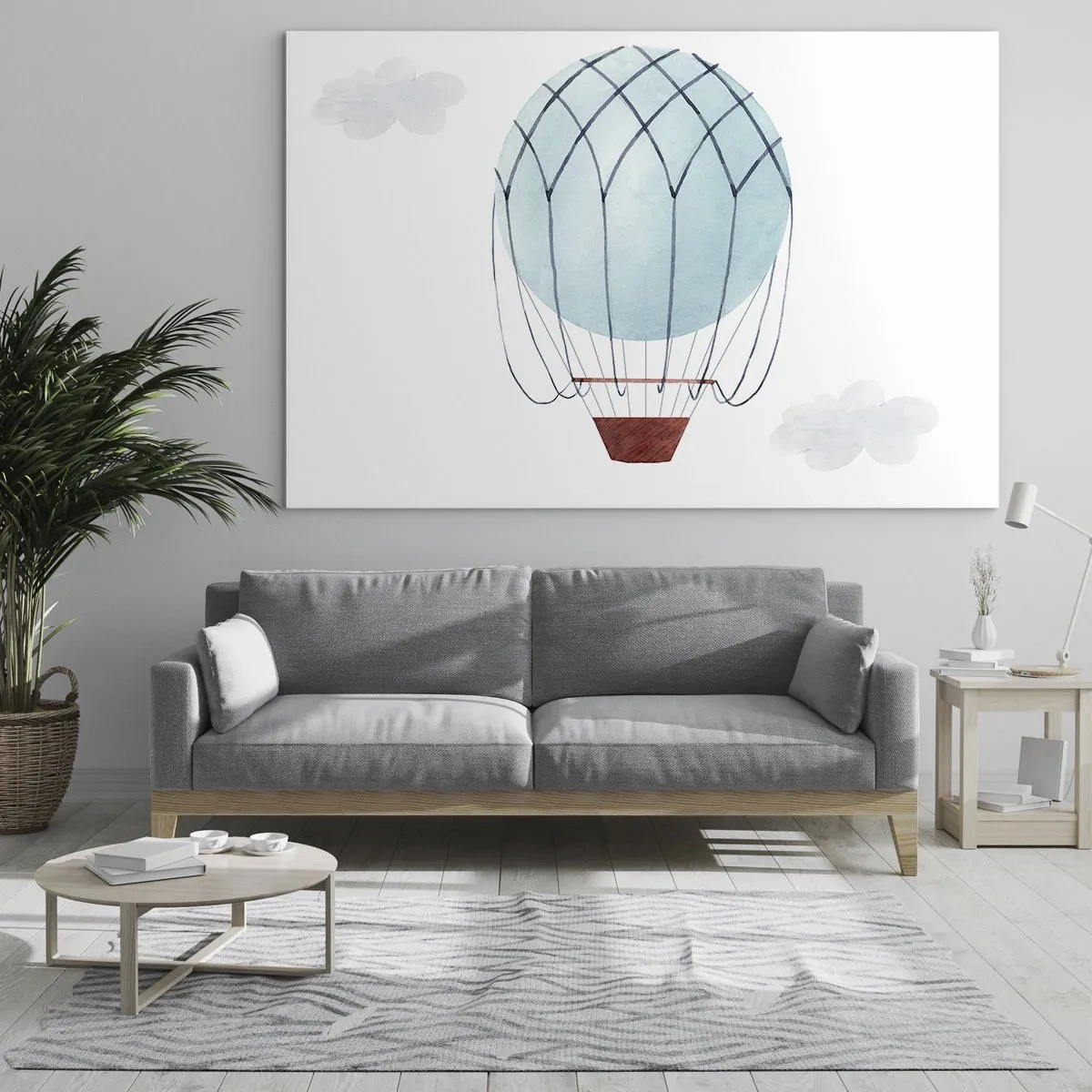 Glass picture - Blue hot air balloon in the clouds - 70x50cm - All in the Clouds - Modern wall decoration for the living room and bedroom ARTTOR