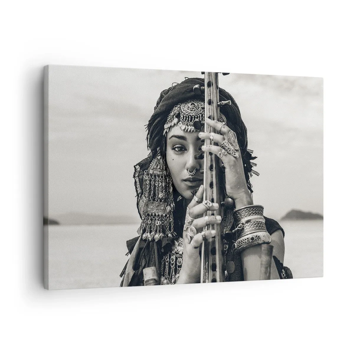 Canvas picture - Portrait of a woman in ethnic jewelry holding an instrument in her hand - 70x50cm - Only Music of the Orient - Modern wall decoration for the living room and bedroom ARTTOR
