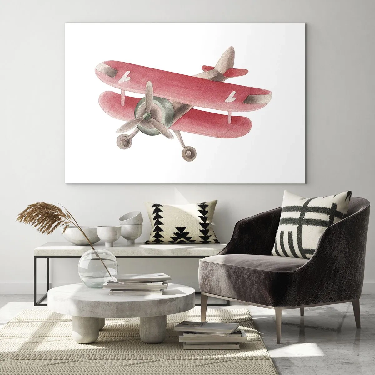 Glass picture - Retro-style biplane in shades of red - 70x50cm - Ready for High Flghts - Modern wall decoration for the living room and bedroom ARTTOR
