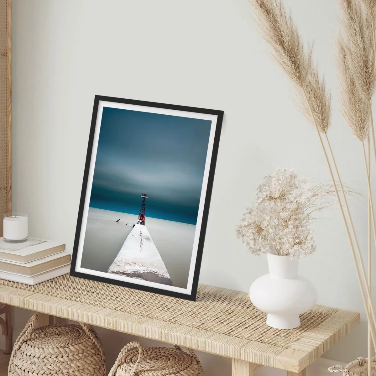 Poster in black frame - lighthouse at the end of the pier in a minimalist style - 50x70cm - Encounter with Infinity - Modern wall decoration for the living room and bedroom ARTTOR