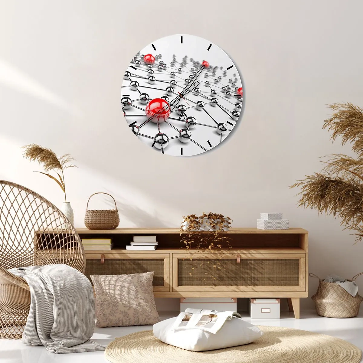 Wall clock - Clock on glass - Molecular structure with red accents on a white background - 30x30cm - Silver Net - Modern wall decoration for the living room, kitchen, and bedroom ARTTOR