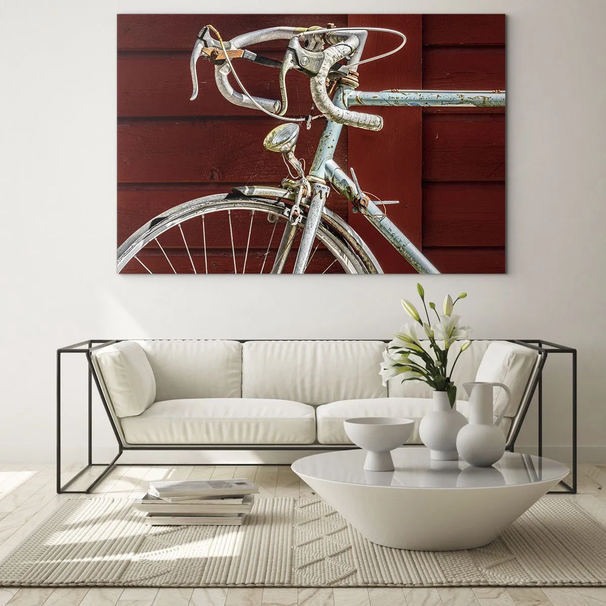 Glass picture - An old road bike from the 1970s against a red wooden wall - 70x50cm - Born for Victories - Modern wall decoration for the living room and bedroom ARTTOR