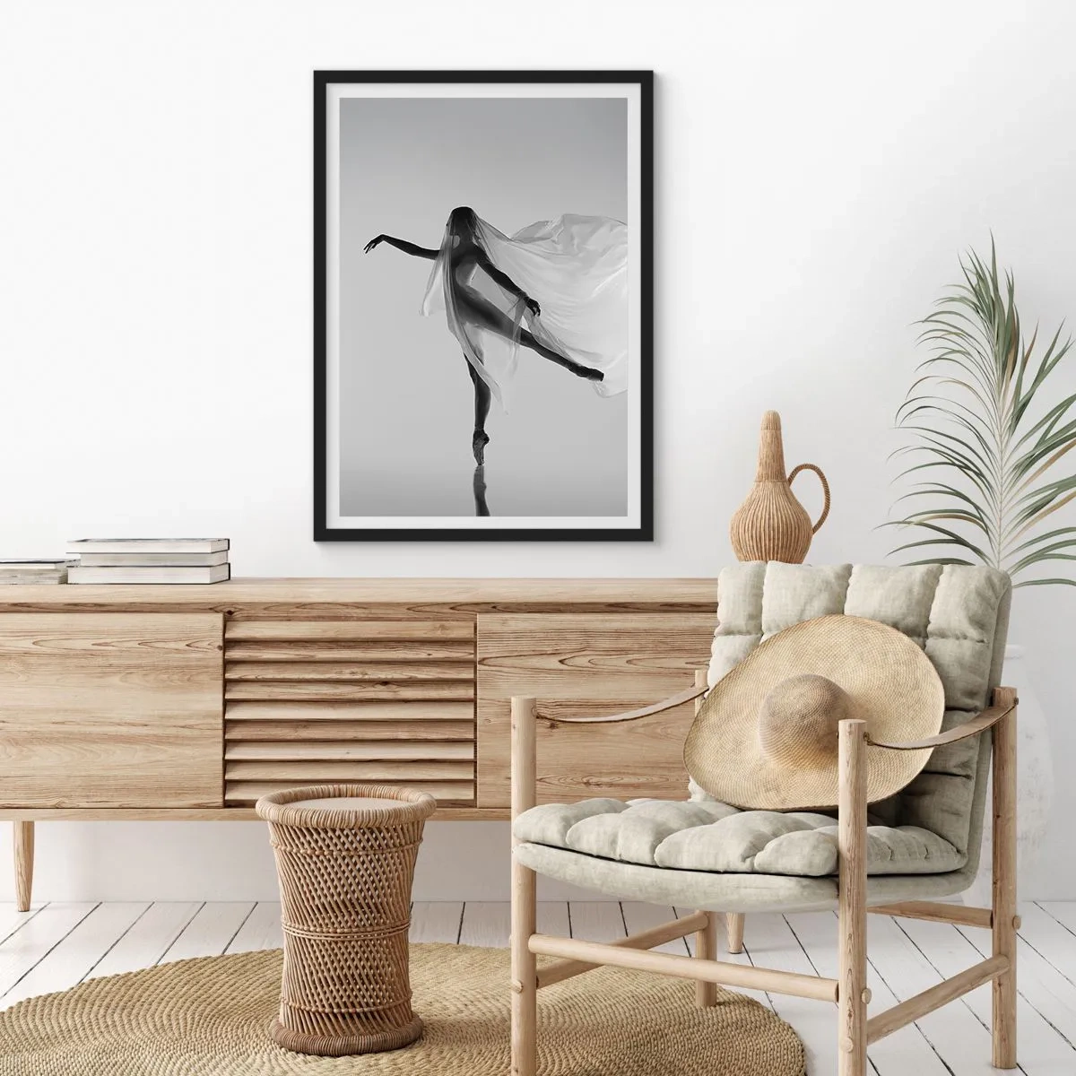 Poster in black frame - A dancer in an airy veil in a black and white composition - 50x70cm - Lightness and Grace - Modern wall decoration for the living room and bedroom ARTTOR