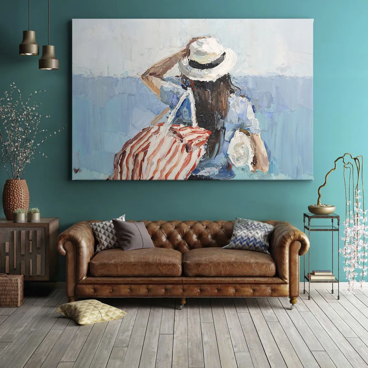 Canvas picture - A woman in a hat against the blue sea - 70x50cm - Welcome to Holiday - Modern wall decoration for the living room and bedroom ARTTOR