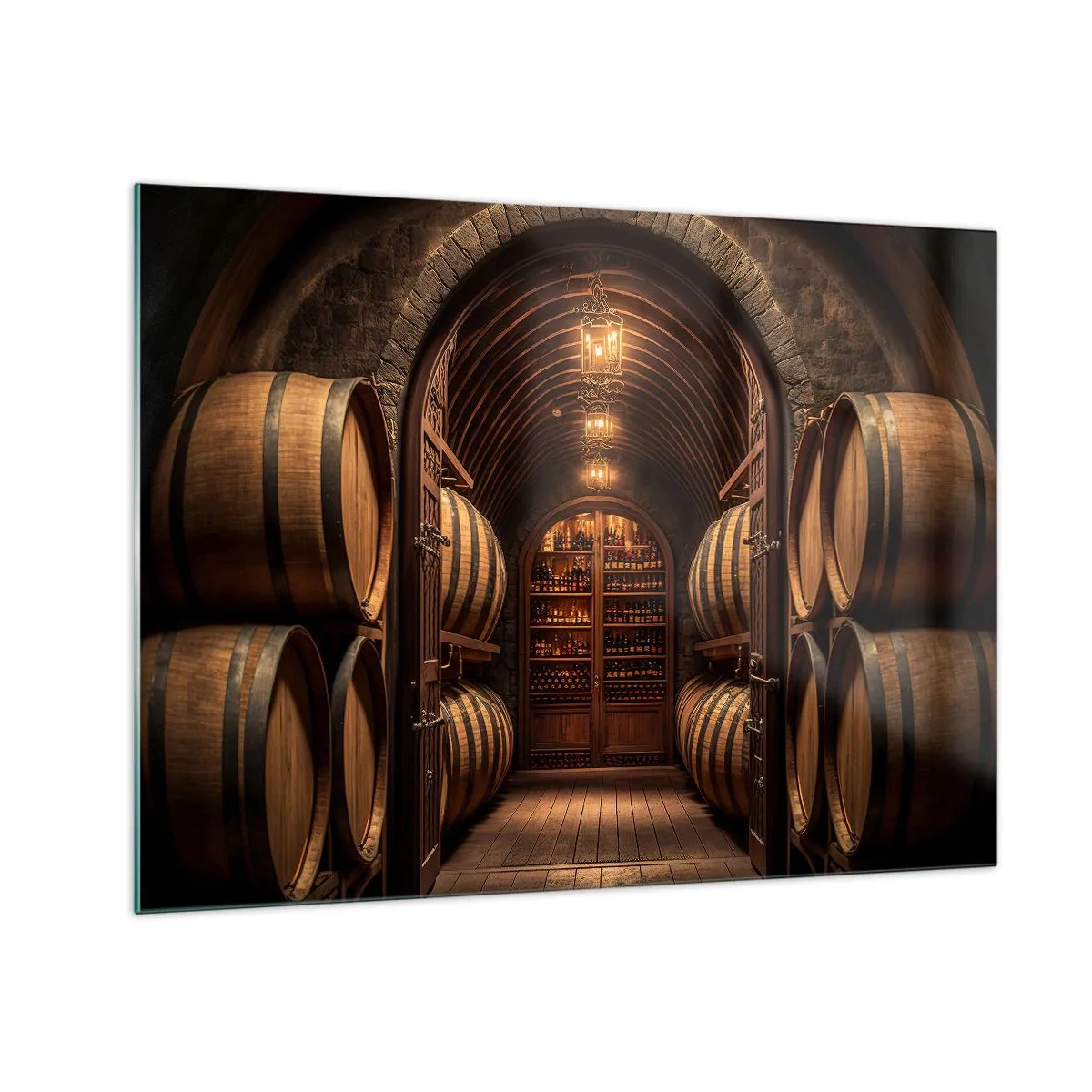 Glass picture - A vineyard with barrels and a lit cellar full of bottles - 70x50cm - Atmospheric Cellar - Modern wall decoration for the living room and bedroom ARTTOR