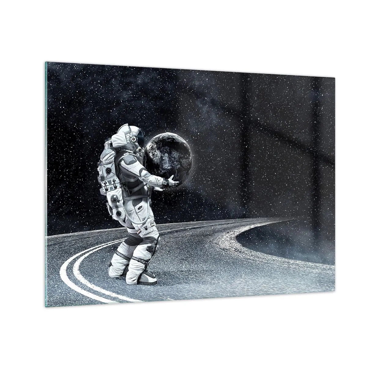 Glass picture - An astronaut carrying the Earth on its way through the universe - 70x50cm - On the Milky Way - Modern wall decoration for the living room and bedroom ARTTOR
