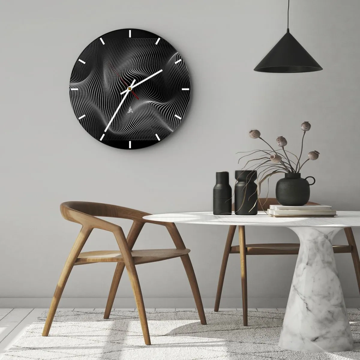 Wall clock - Clock on glass - Hypnotizing white lines on a black background creating an optical wave. - 30x30cm - Dance of the Light in Space - Modern wall decoration for the living room, kitchen, and bedroom ARTTOR