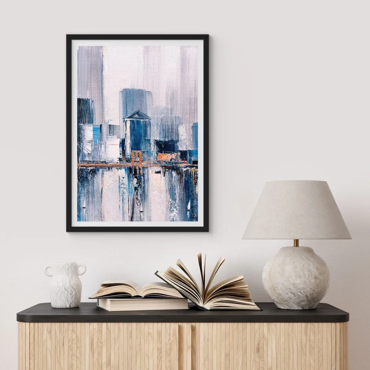 Poster in black frame - Abstract city panorama in shades of blue and white - 50x70cm - New York Impression - Modern wall decoration for the living room and bedroom ARTTOR