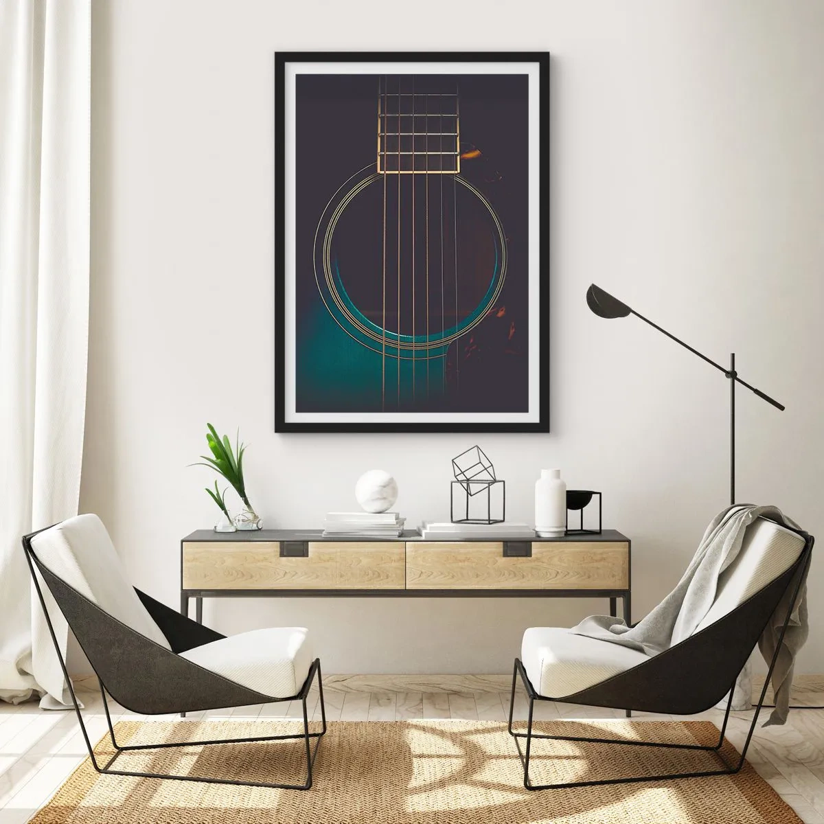Poster in black frame - An artistic close-up of the soundboard of an acoustic guitar. - 50x70cm - A Moment Before It Sounds - Modern wall decoration for the living room and bedroom ARTTOR
