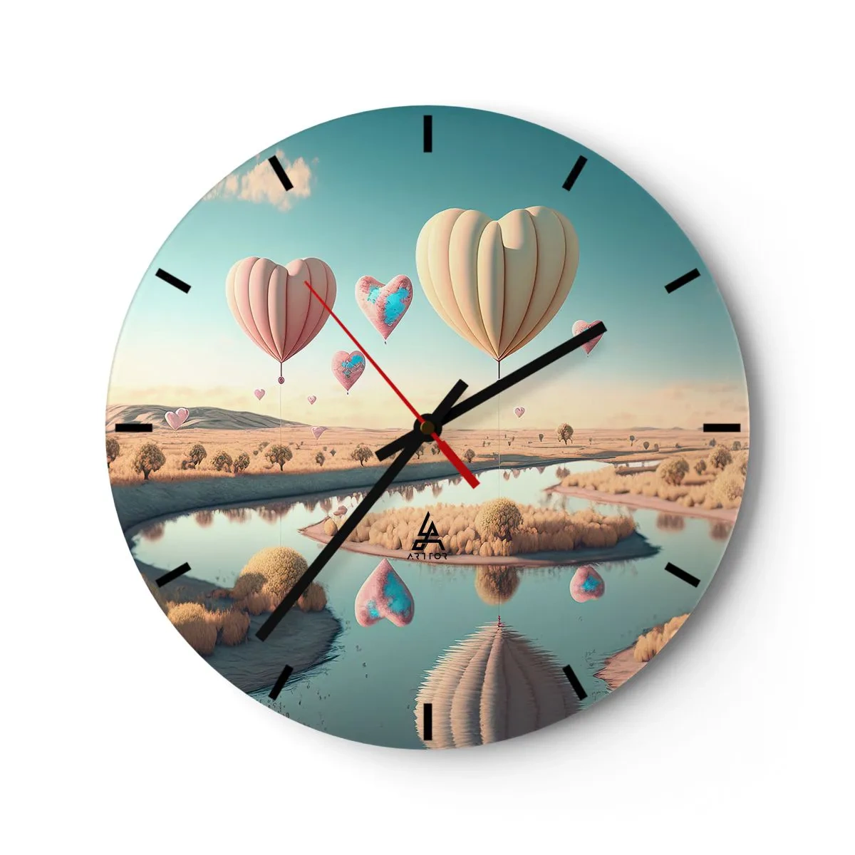 Wall clock - Clock on glass - Heart-shaped balloons floating over the river - 30x30cm - Love Lifts You up - Modern wall decoration for the living room, kitchen, and bedroom ARTTOR