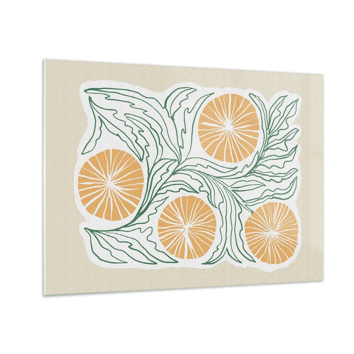 Glass picture - Orange fruits and green leaves in a graphic composition - 70x50cm - Ethnic with an Abstract Note - Modern wall decoration for the living room and bedroom ARTTOR