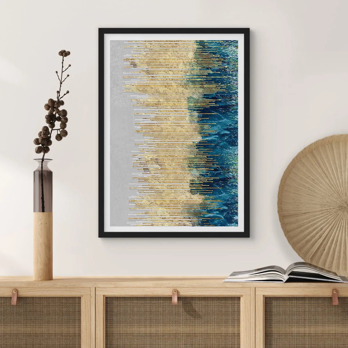 Poster in black frame - An abstract composition inspired by a golden beach and the ocean. - 50x70cm - Glided Border - Modern wall decoration for the living room and bedroom ARTTOR