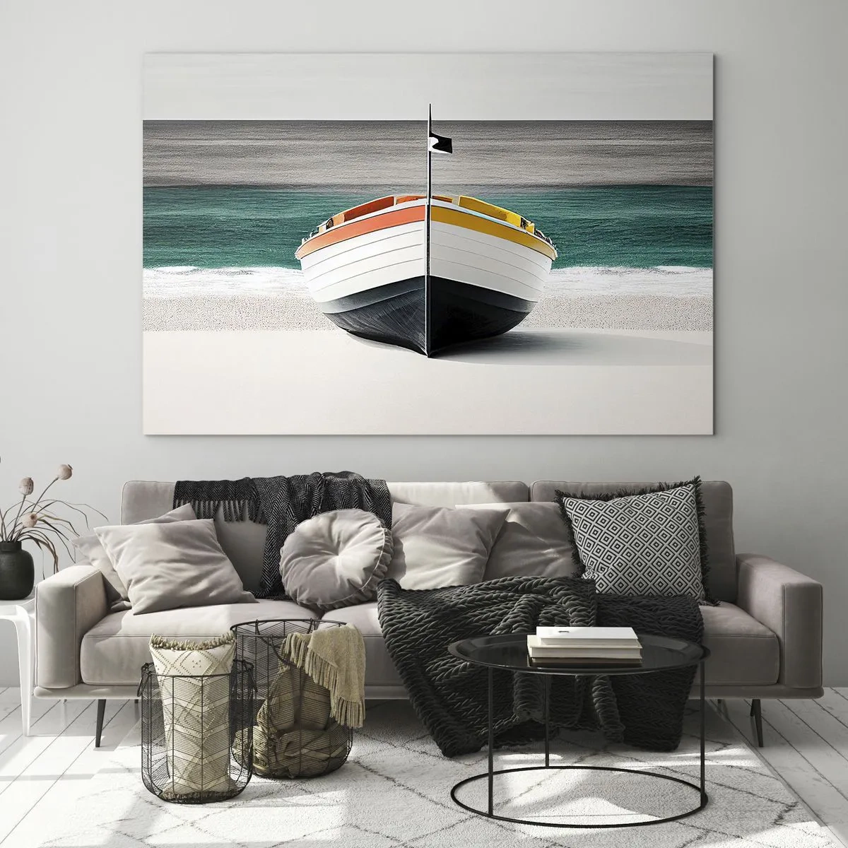 Glass picture - A colorful boat on the beach with a turquoise sea in the background - 70x50cm - In Its Place - Modern wall decoration for the living room and bedroom ARTTOR