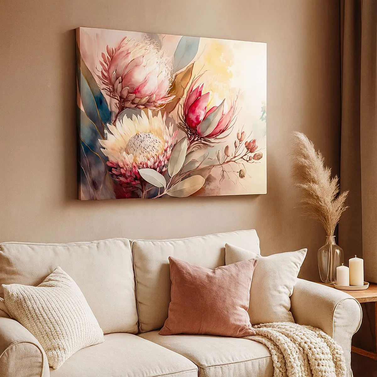 Canvas picture - Protea flowers in delicate pastel shades - 70x50cm - Profile and En Face - Modern wall decoration for the living room and bedroom ARTTOR