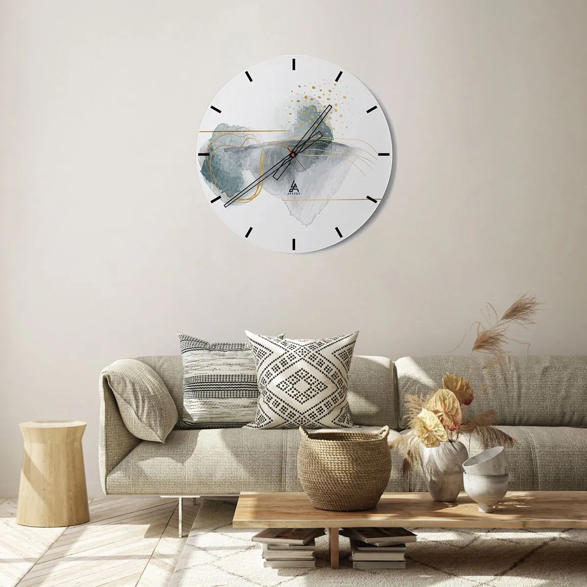 Wall clock - Clock on glass - Pastel abstract shapes with golden lines and dots on a white background. - 30x30cm - On the Relationships of Grey and Gold - Modern wall decoration for the living room, kitchen, and bedroom ARTTOR