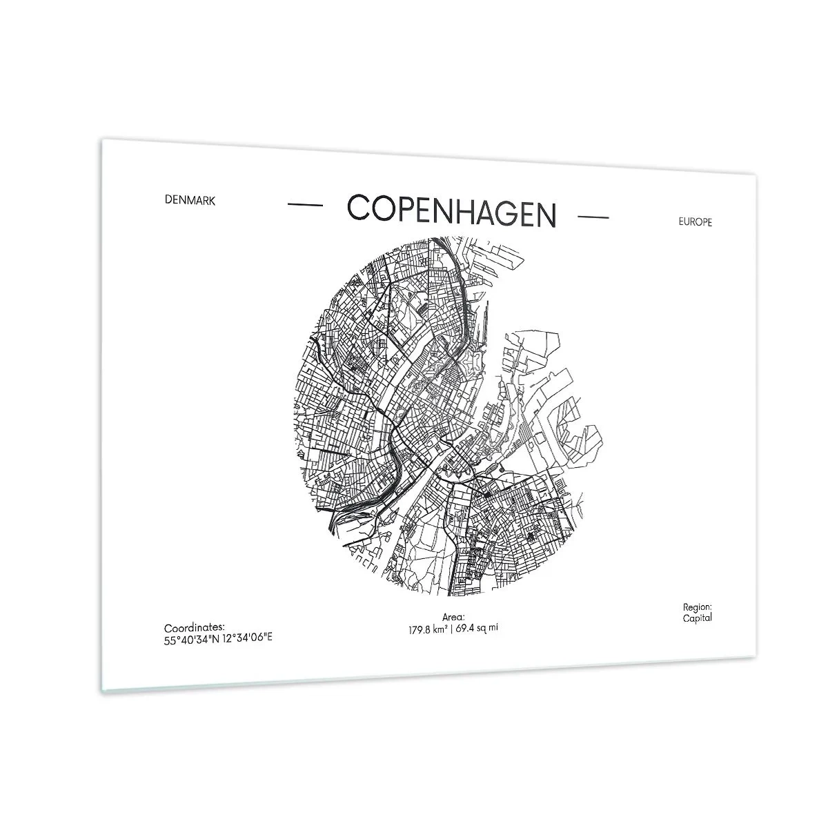 Glass picture - A map of Copenhagen in the form of a graphic street sketch - 70x50cm - Anatomy of Copenhagen - Modern wall decoration for the living room and bedroom ARTTOR