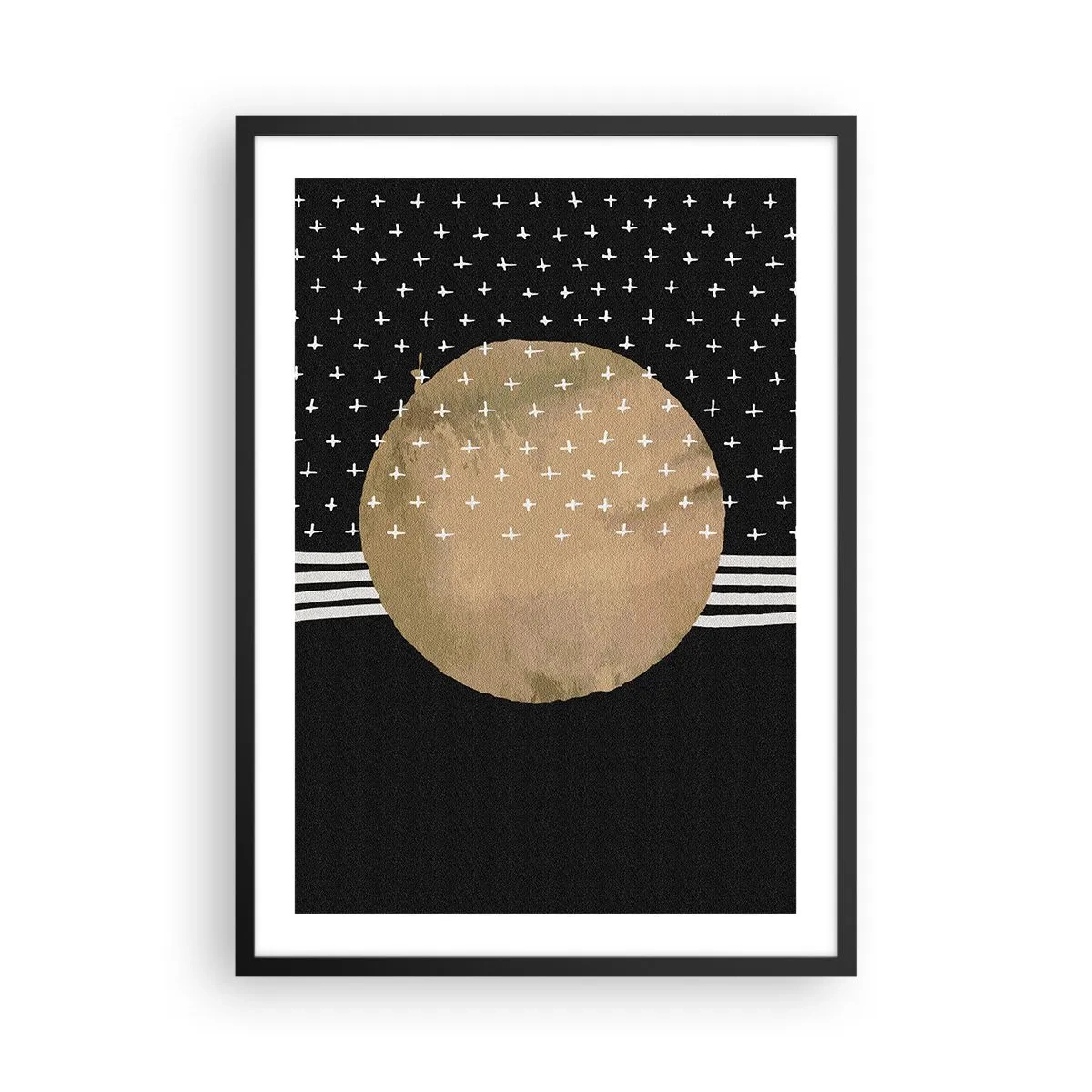 Poster in black frame - Abstract golden ball on a black background with patterns - 50x70cm - Composition: Flag of Galaxy - Modern wall decoration for the living room and bedroom ARTTOR