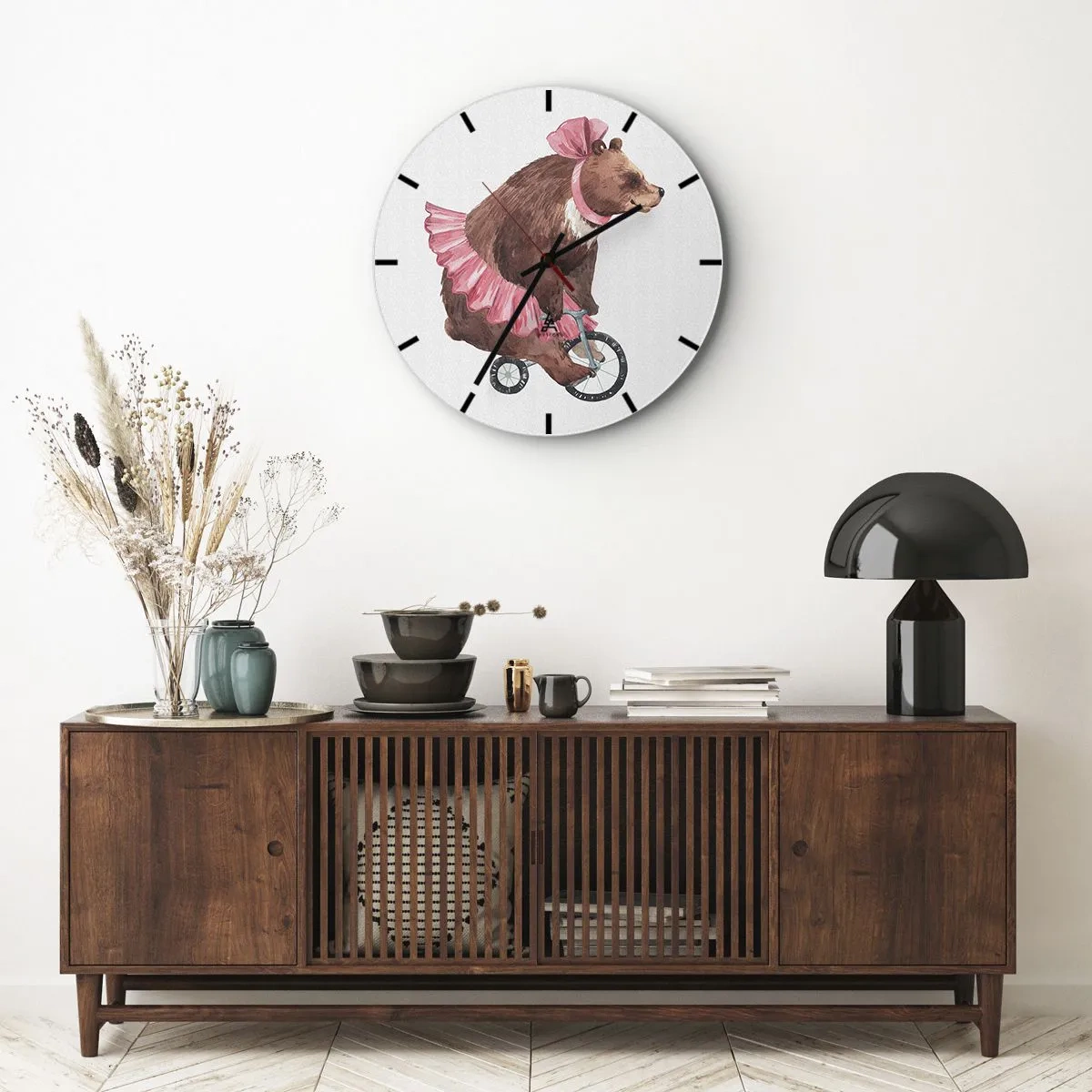 Wall clock - Clock on glass - A bear in a pink skirt riding a unicycle - 30x30cm - What a Circus! - Modern wall decoration for the living room, kitchen, and bedroom ARTTOR