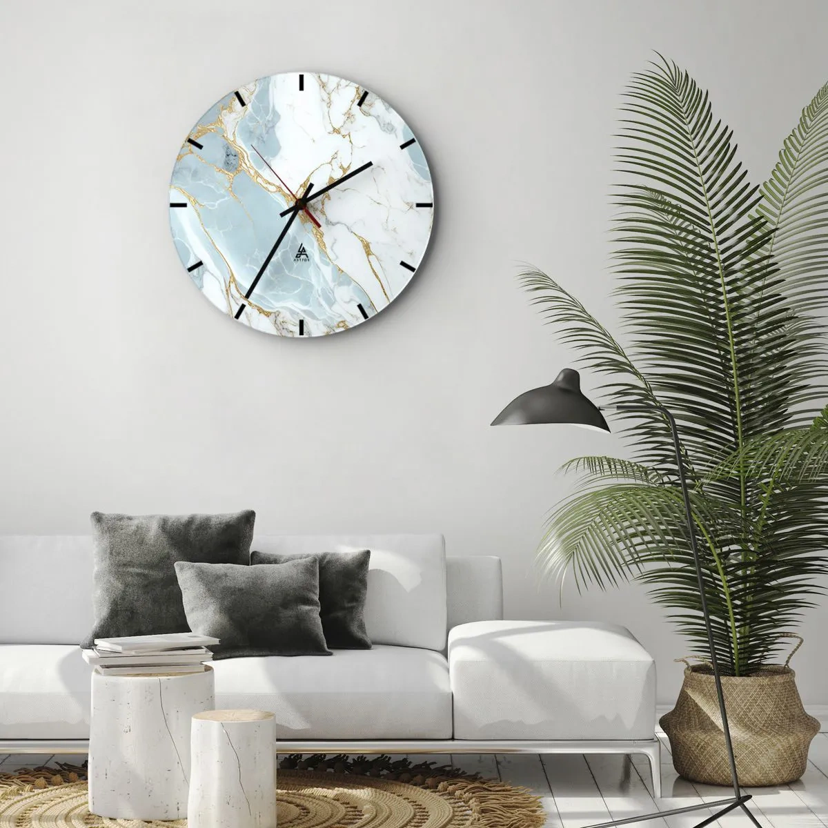 Wall clock - Clock on glass - Blue and white marble with gold veins throughout - 30x30cm - Richness of the Stone - Modern wall decoration for the living room, kitchen, and bedroom ARTTOR