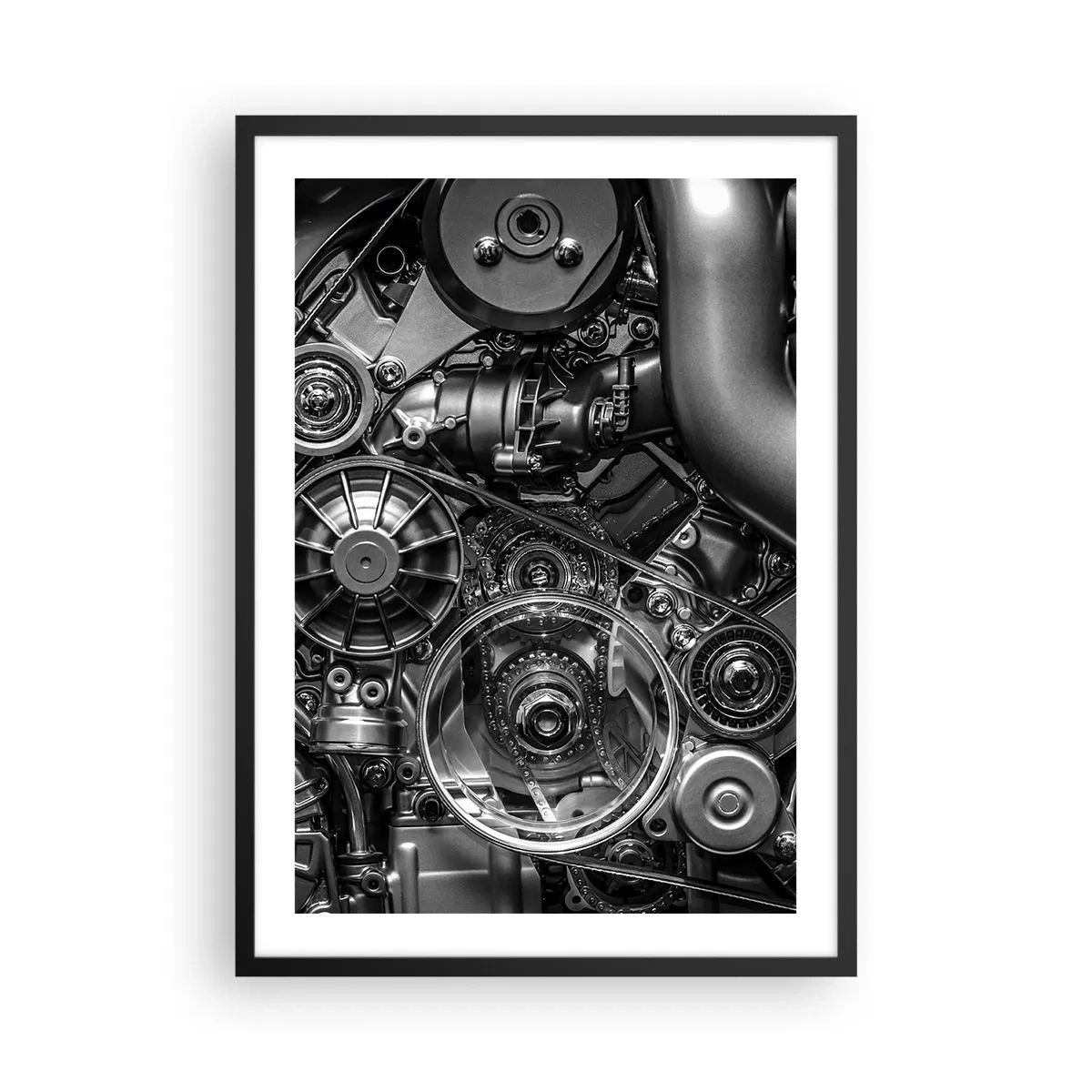 Poster in black frame - Detailed close-up of the engine's mechanical components in black and white - 50x70cm - Poetry of Mechanics - Modern wall decoration for the living room and bedroom ARTTOR
