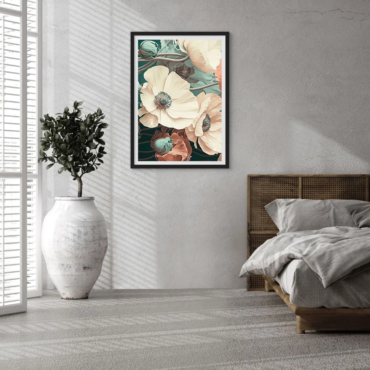 Poster in black frame - Delicate flowers in pastel shades on a dark background - 50x70cm - Whisper of the Poppies - Modern wall decoration for the living room and bedroom ARTTOR