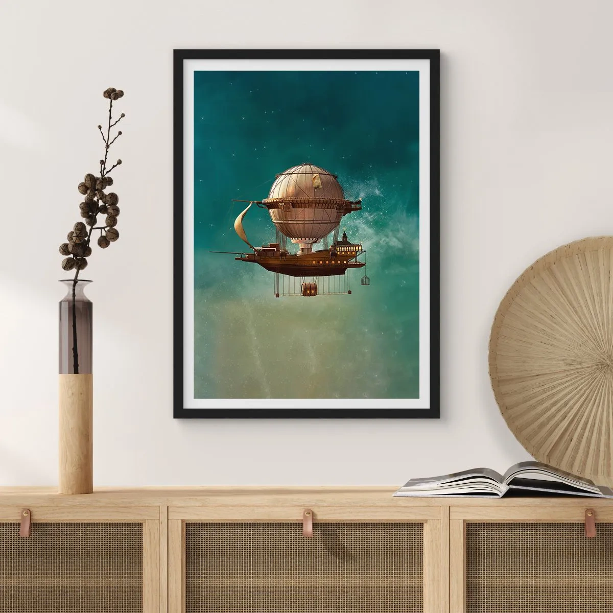 Poster in black frame - A fantastic airship floating among the stars - 50x70cm - Greetings from Jules Verne - Modern wall decoration for the living room and bedroom ARTTOR