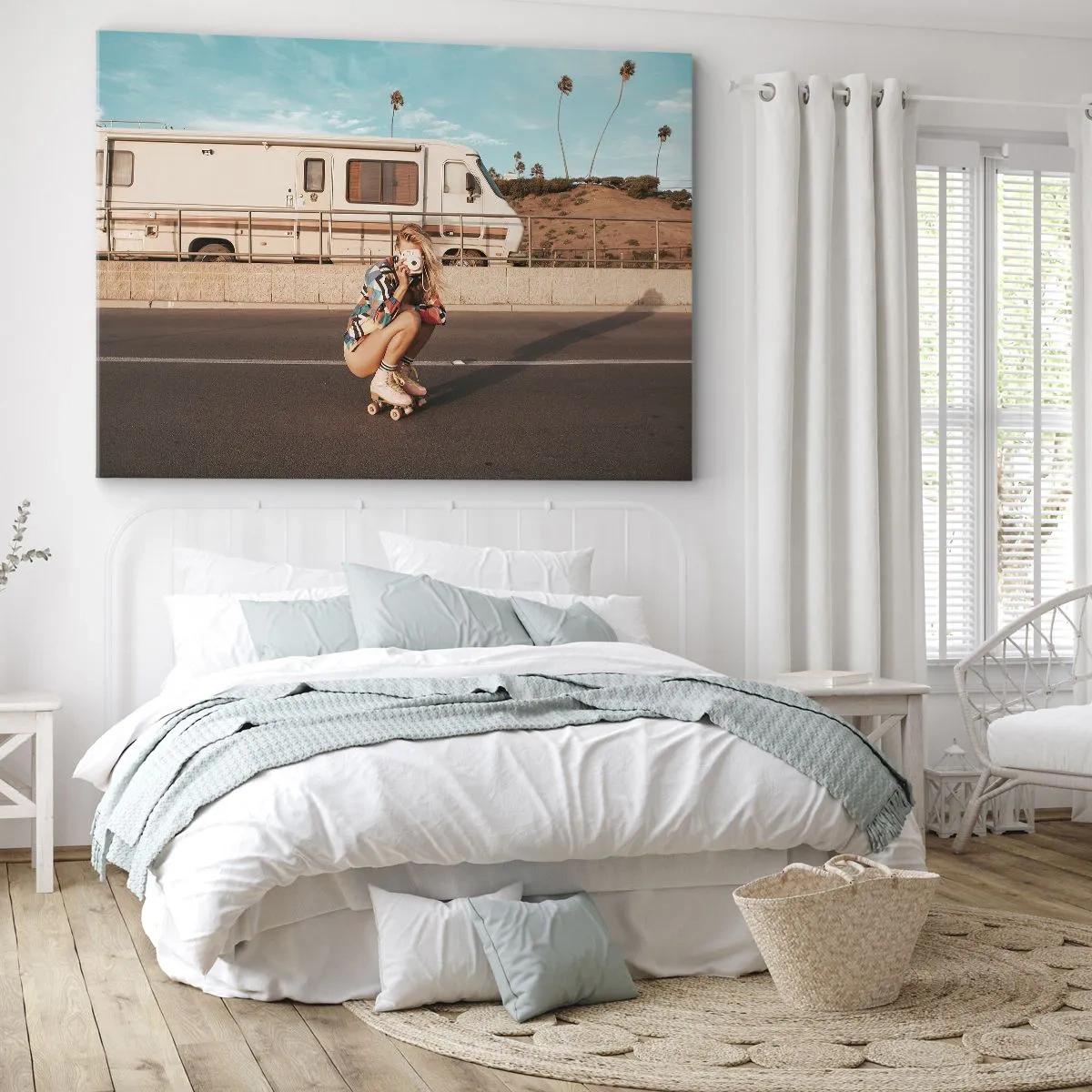 Canvas picture - A girl on roller skates taking a photo on a sunny day. - 70x50cm - Smile, Please! - Modern wall decoration for the living room and bedroom ARTTOR