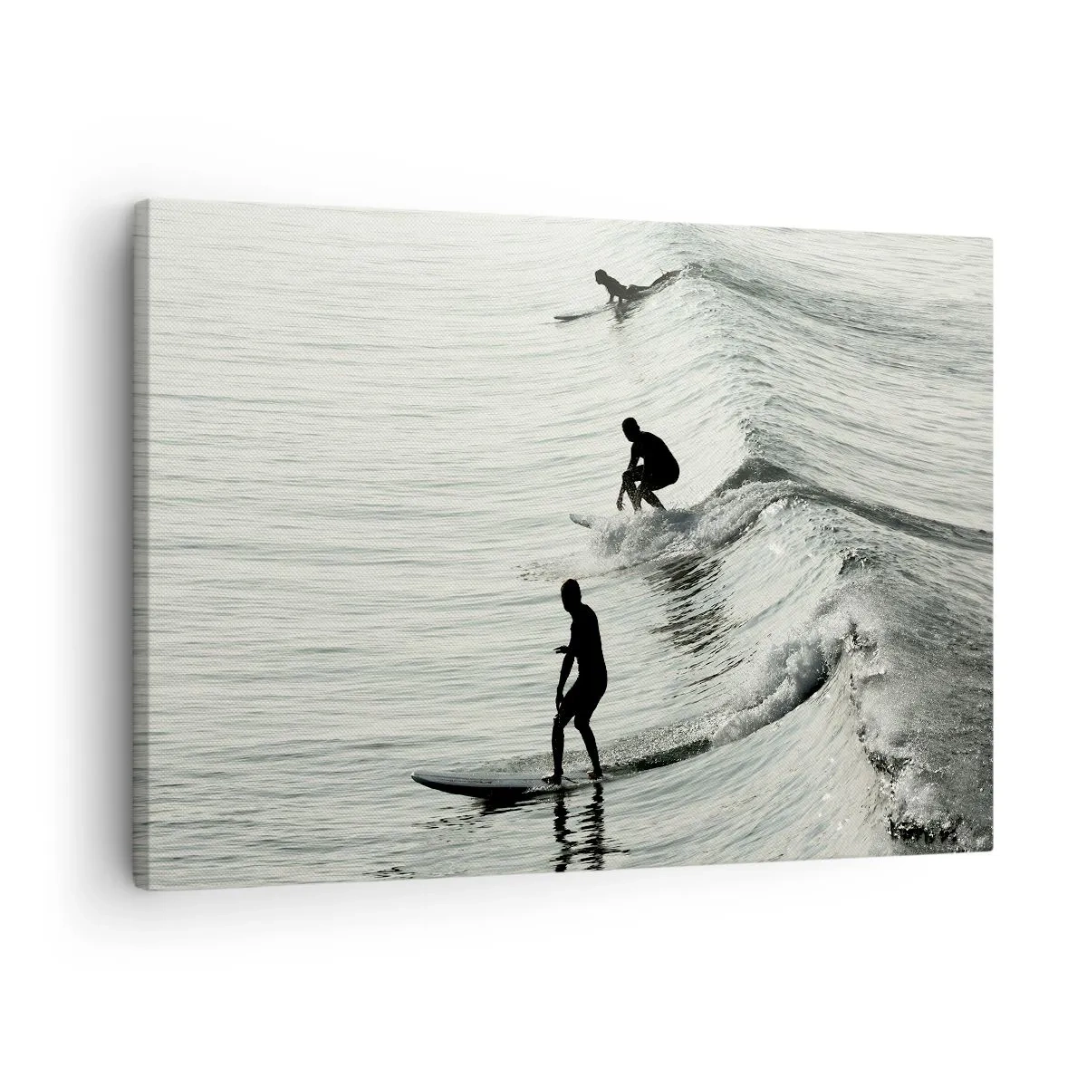 Canvas picture - Surfers on the waves in a monochrome shot - 70x50cm - Meeting the Wave - Modern wall decoration for the living room and bedroom ARTTOR