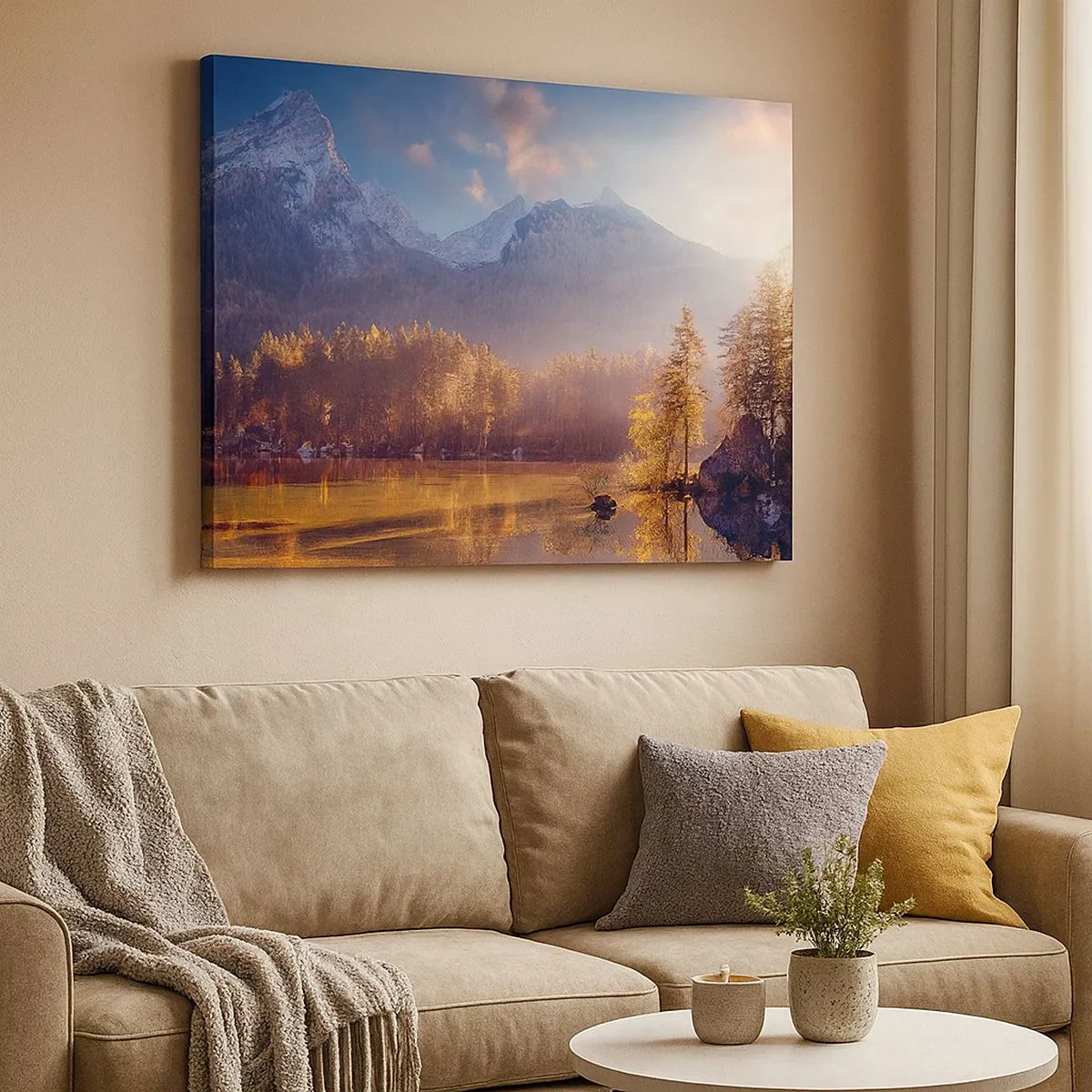 Canvas picture - Picturesque view of the mountain forest and lake at dawn - 70x50cm - In the Mountains and Valleys - Modern wall decoration for the living room and bedroom ARTTOR