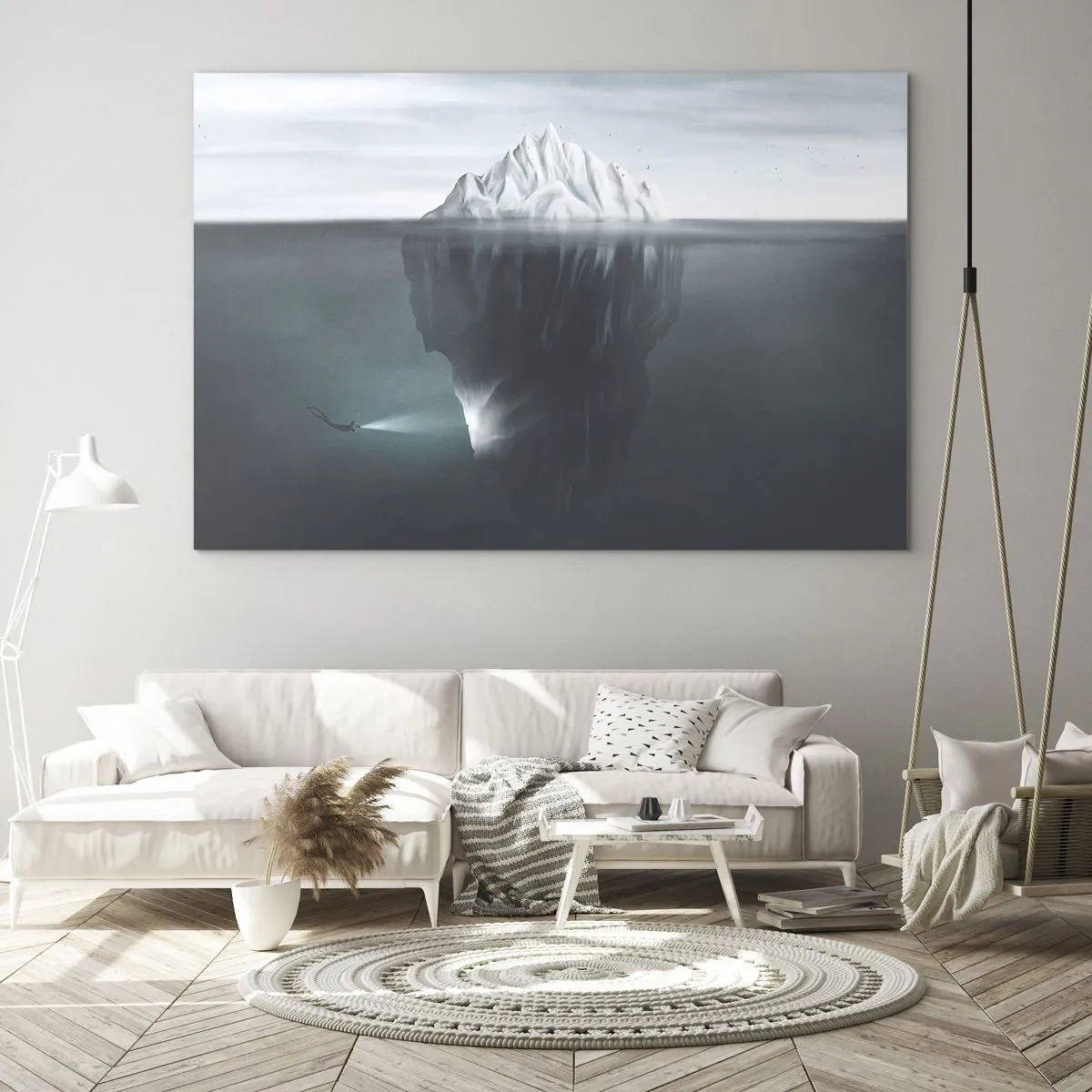 Glass picture - An iceberg with a diver exploring the underwater part - 70x50cm - Underwater Secret - Modern wall decoration for the living room and bedroom ARTTOR