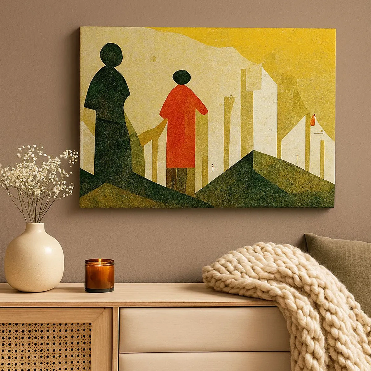 Canvas picture - Geometric silhouettes in red and green on a yellow background - 70x50cm - Still a Long Way - Modern wall decoration for the living room and bedroom ARTTOR