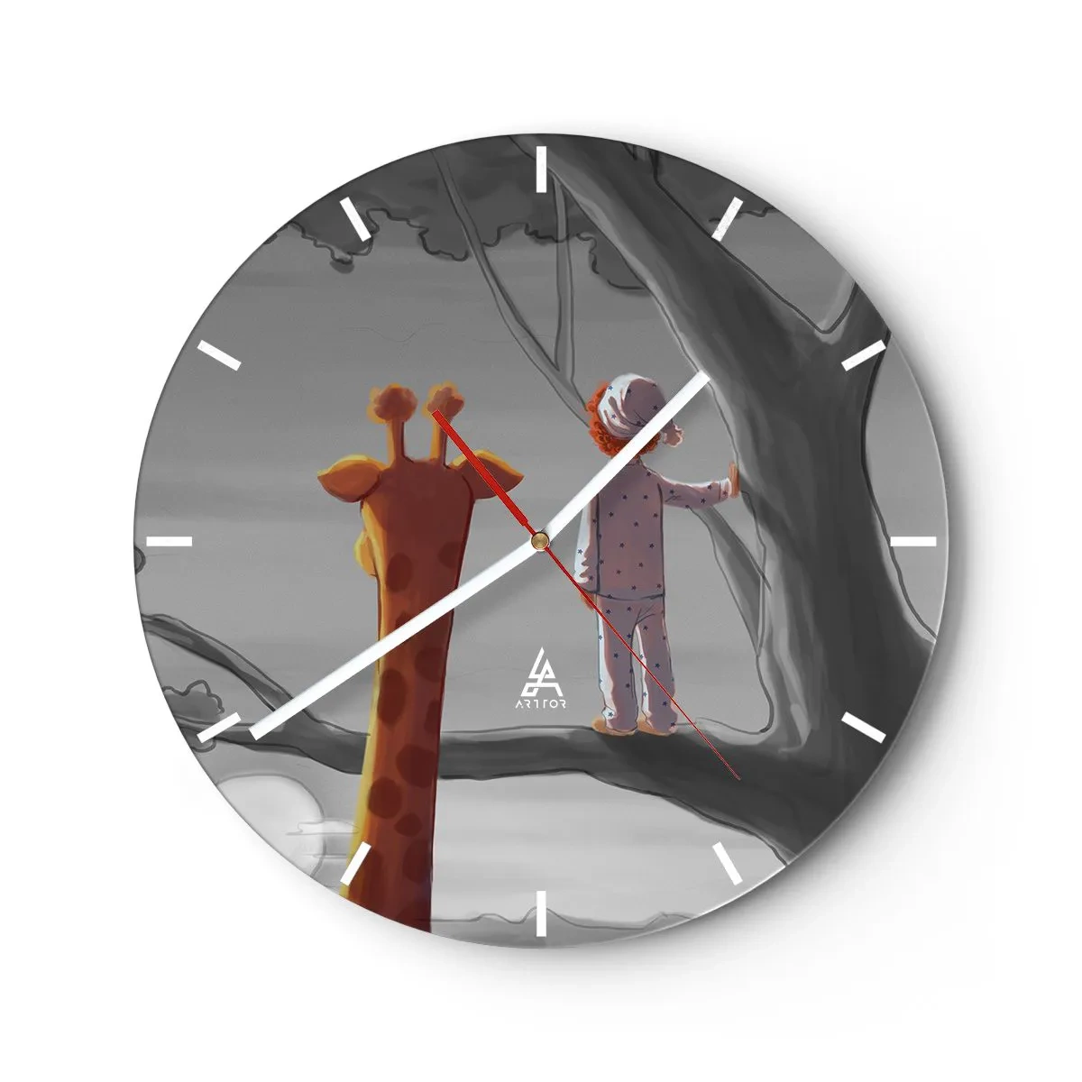 Wall clock - Clock on glass - A child in pajamas and a giraffe stand together on a tree branch. - 30x30cm - This Is Really Happening - Modern wall decoration for the living room, kitchen, and bedroom ARTTOR