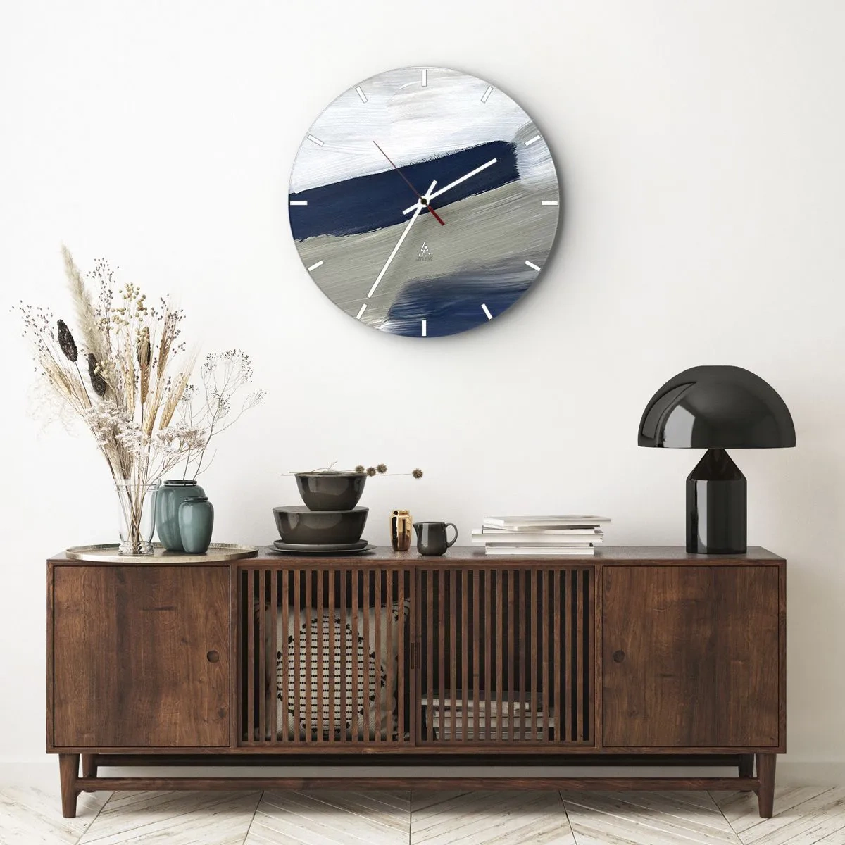 Wall clock - Clock on glass - Abstract brushstrokes in white and navy blue - 30x30cm - Encounter with White - Modern wall decoration for the living room, kitchen, and bedroom ARTTOR