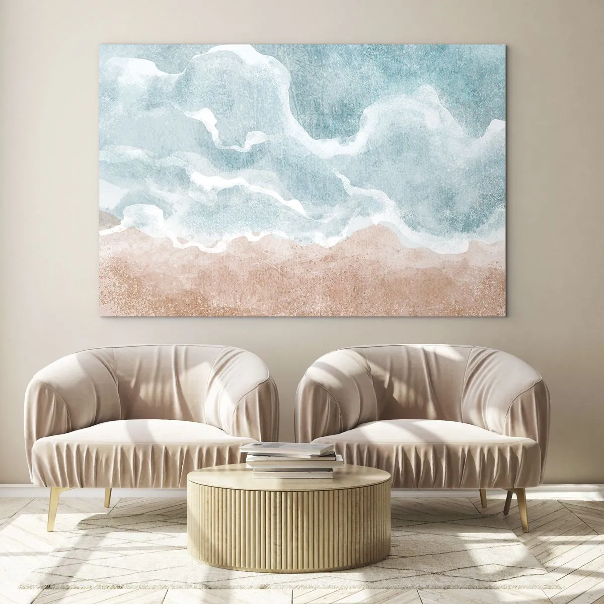 Glass picture - Pastel waves in blues and beiges create a cloudy abstraction. - 70x50cm - Cloudy Abstract - Modern wall decoration for the living room and bedroom ARTTOR