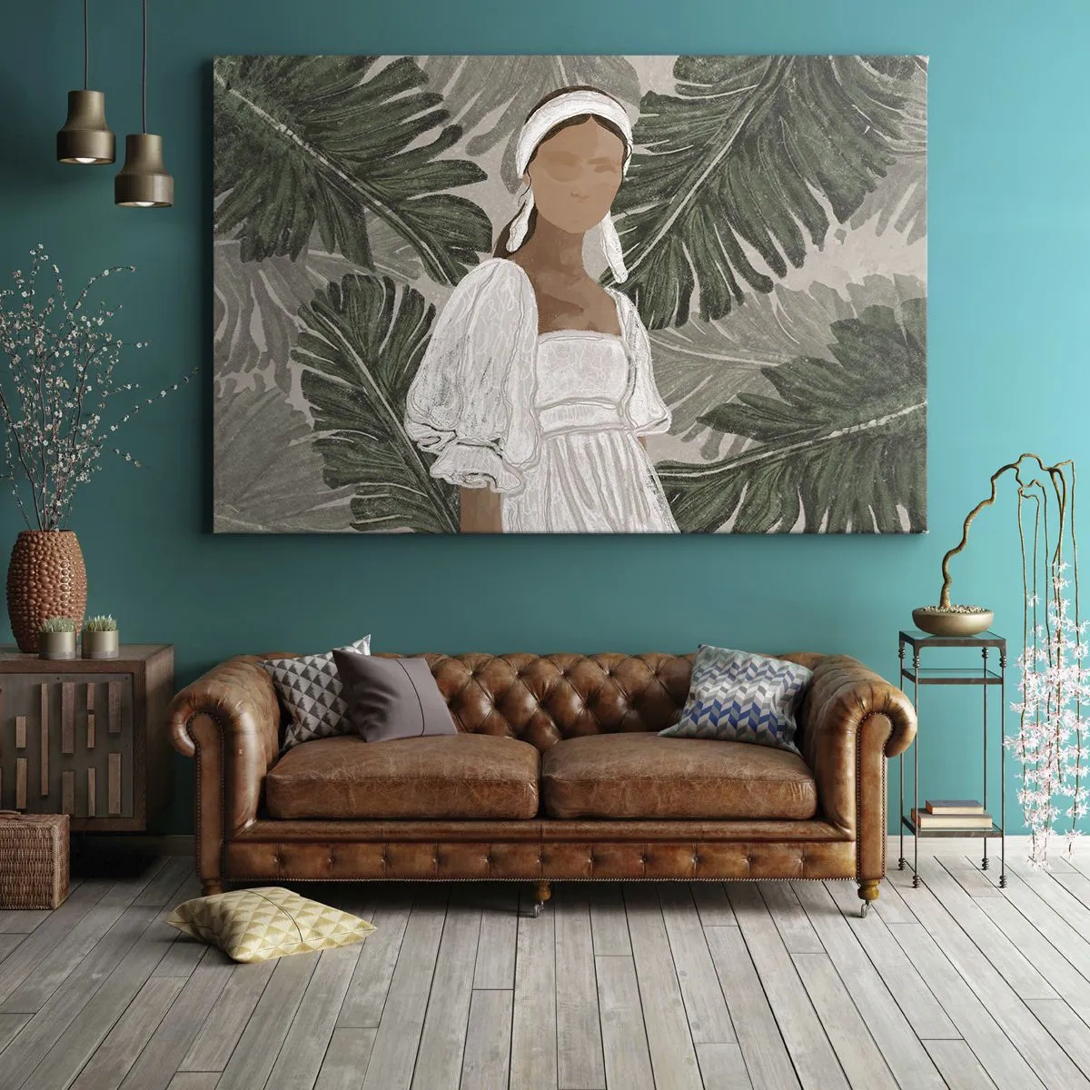 Canvas picture - Portrait of a woman in a white dress against a background of monstera leaves - 70x50cm - Exotic Portrait - Modern wall decoration for the living room and bedroom ARTTOR