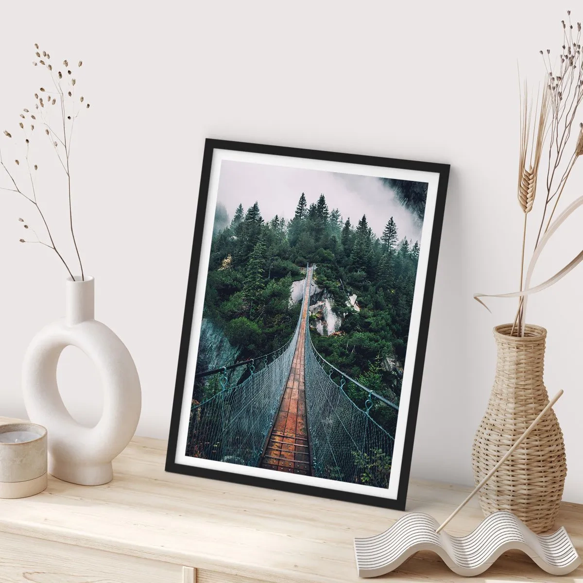 Poster in black frame - A hanging bridge through a dense, misty forest - 50x70cm - Only for Eagles - Modern wall decoration for the living room and bedroom ARTTOR