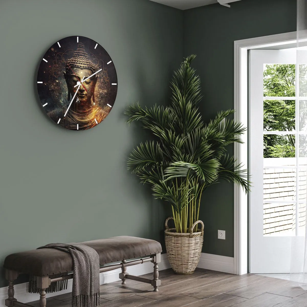 Wall clock - Clock on glass - A golden image of a meditating Buddha on a dark background - 30x30cm - Spiritual Balance - Modern wall decoration for the living room, kitchen, and bedroom ARTTOR
