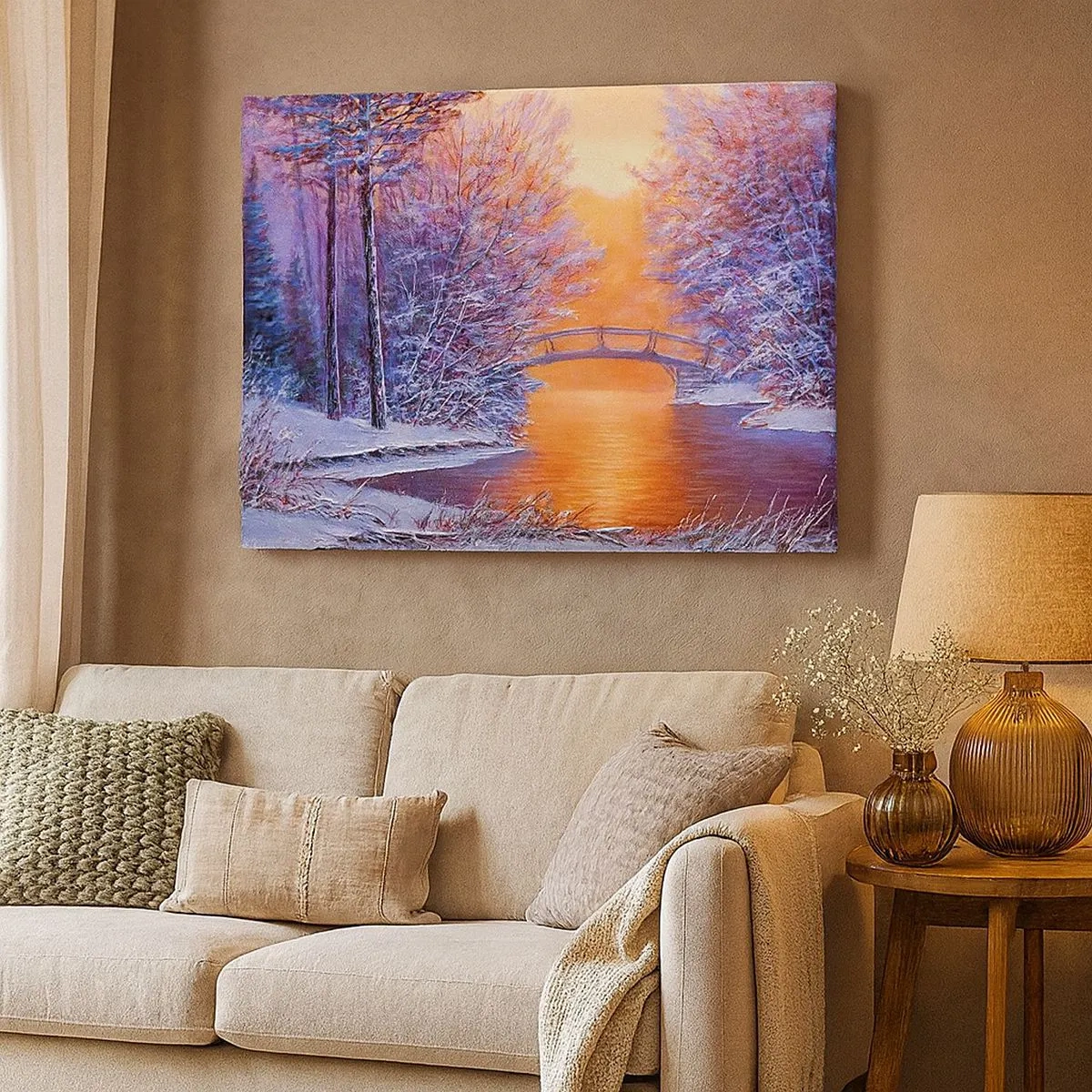Canvas picture - Winter landscape with a bridge and sunset - 70x50cm - Let's Meet Here - Modern wall decoration for the living room and bedroom ARTTOR