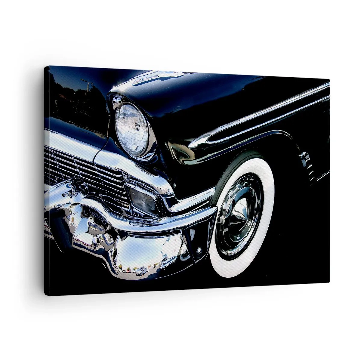 Canvas picture - Black classic car close-up of headlight and fender - 70x50cm - Classics in Silver, Black and White - Modern wall decoration for the living room and bedroom ARTTOR