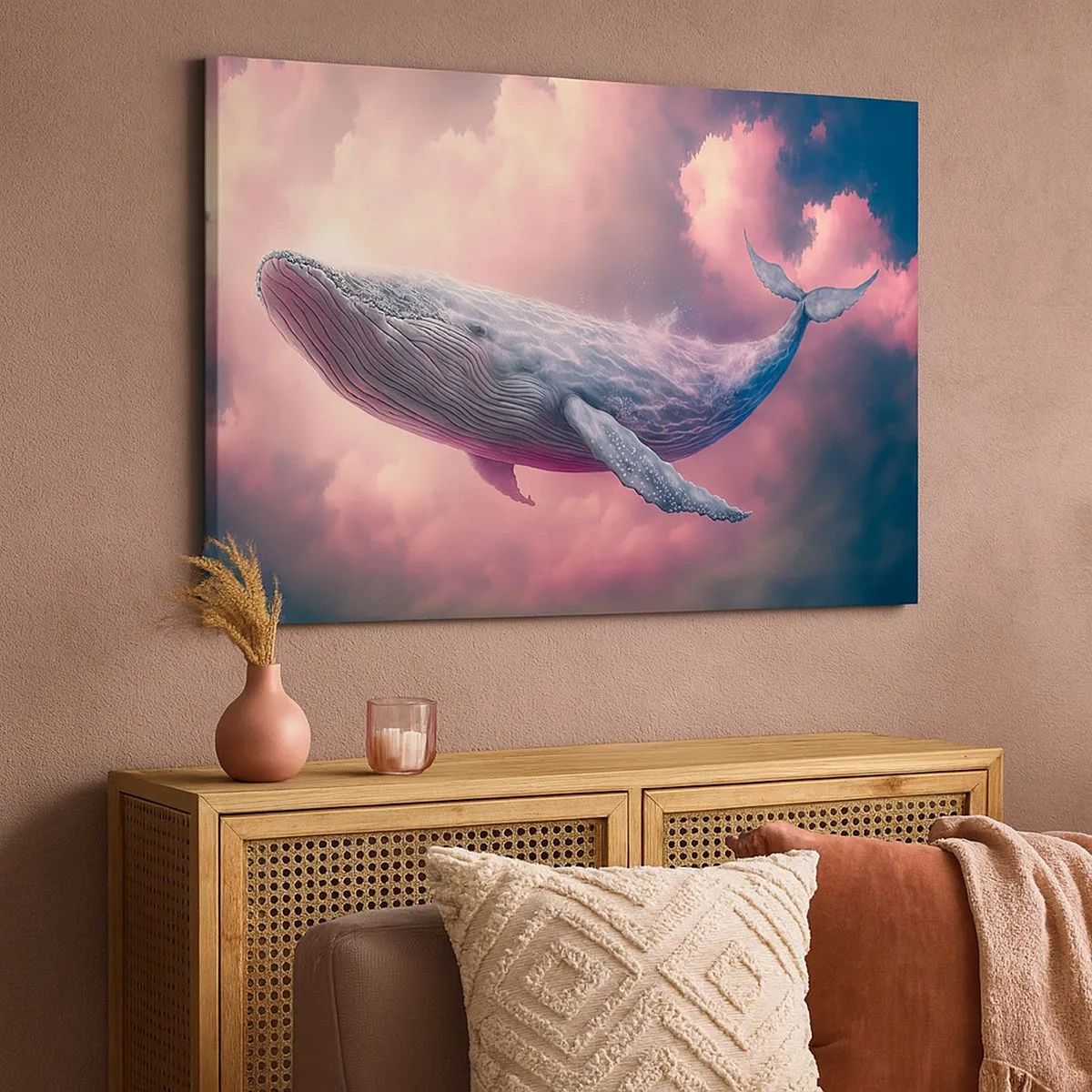 Canvas picture - A whale floating in the clouds at sunset - 70x50cm - Rub Your Eyes - Modern wall decoration for the living room and bedroom ARTTOR