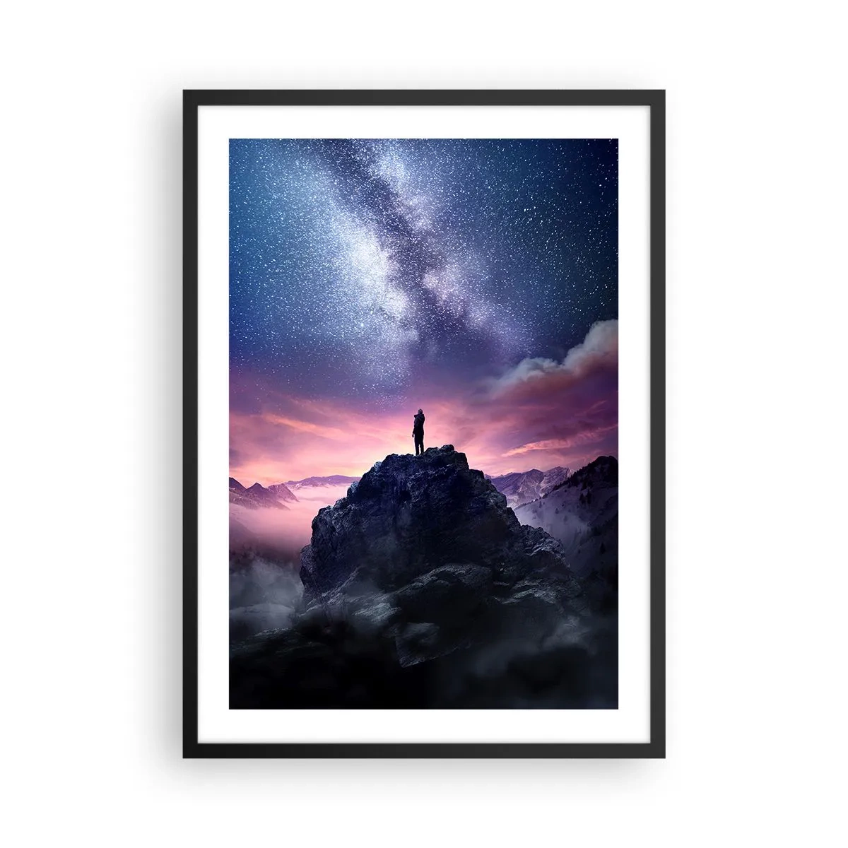 Poster in black frame - Silhouette of a person on a mountaintop under a starry sky - 50x70cm - And He Smelled Life - Modern wall decoration for the living room and bedroom ARTTOR