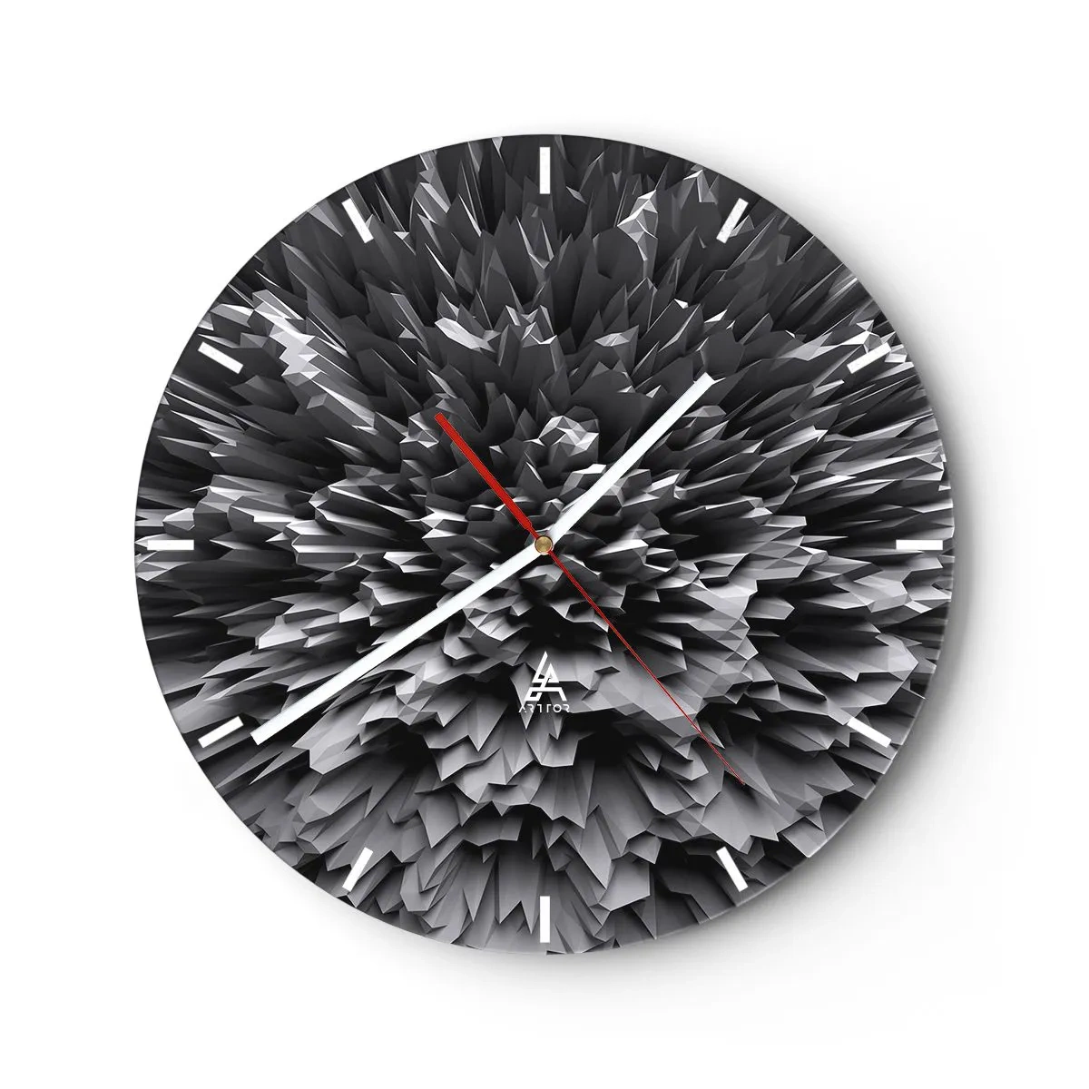 Wall clock - Clock on glass - Abstract black and white 3D composition in the form of an explosion - 30x30cm - It Can's Be Any Sharper - Modern wall decoration for the living room, kitchen, and bedroom ARTTOR