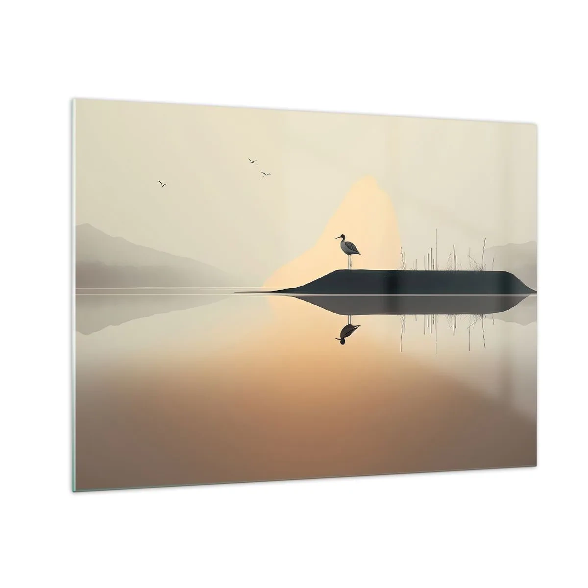 Glass picture - A heron standing on an island in the calm waters of a lake - 70x50cm - Gentleman on the Lake - Modern wall decoration for the living room and bedroom ARTTOR