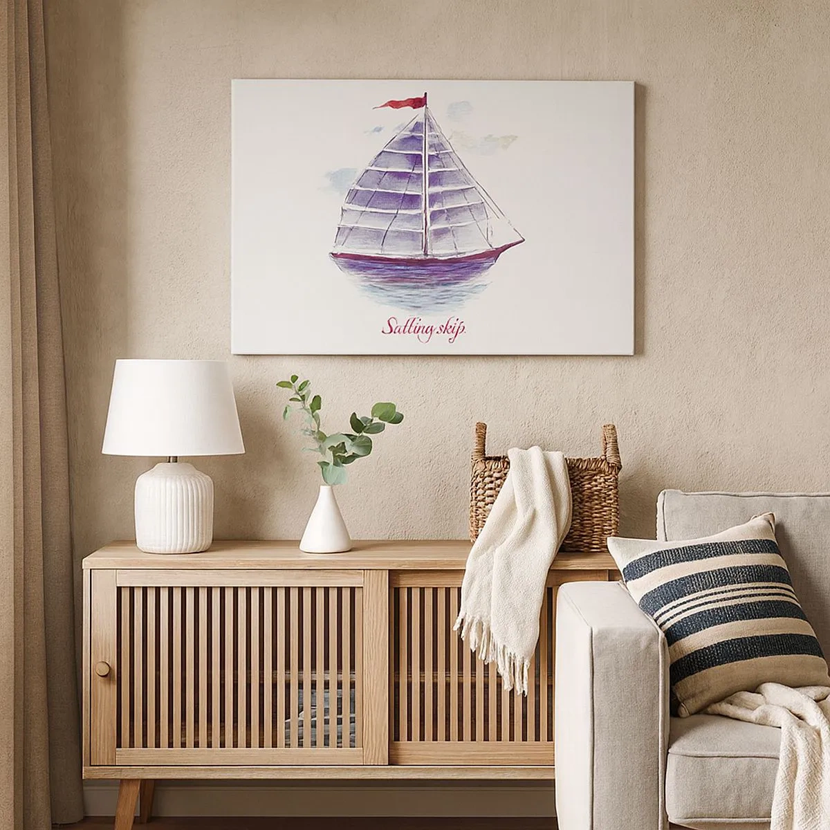 Canvas picture - A watercolor painting of a sailboat on the water with a delicate inscription - 70x50cm - Full Sails And Calm Waters - Modern wall decoration for the living room and bedroom ARTTOR