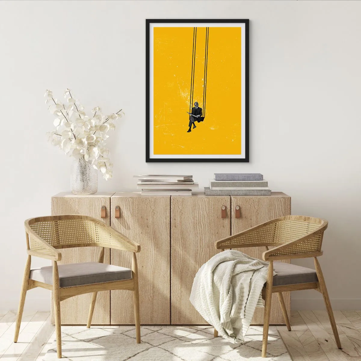 Poster in black frame - Minimalist graphic with a character on a swing - 50x70cm - Day as a Any Other - Modern wall decoration for the living room and bedroom ARTTOR