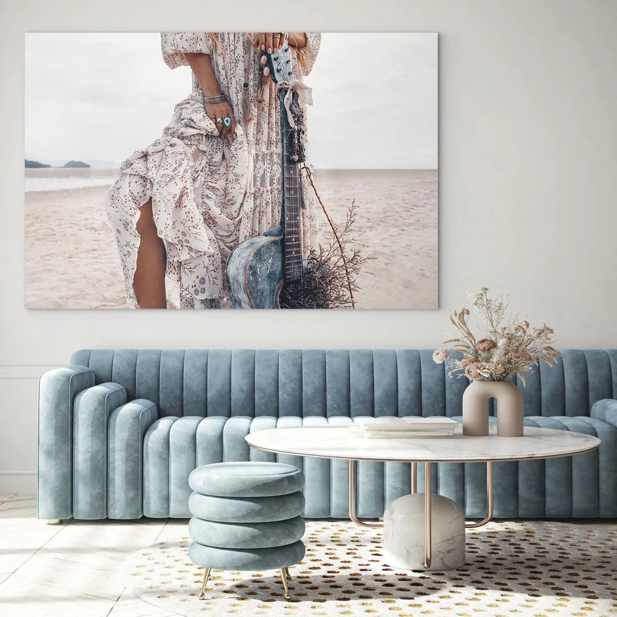 Glass picture - Boho style woman with guitar on empty beach - 70x50cm - Flower Chidlren on their Way - Modern wall decoration for the living room and bedroom ARTTOR