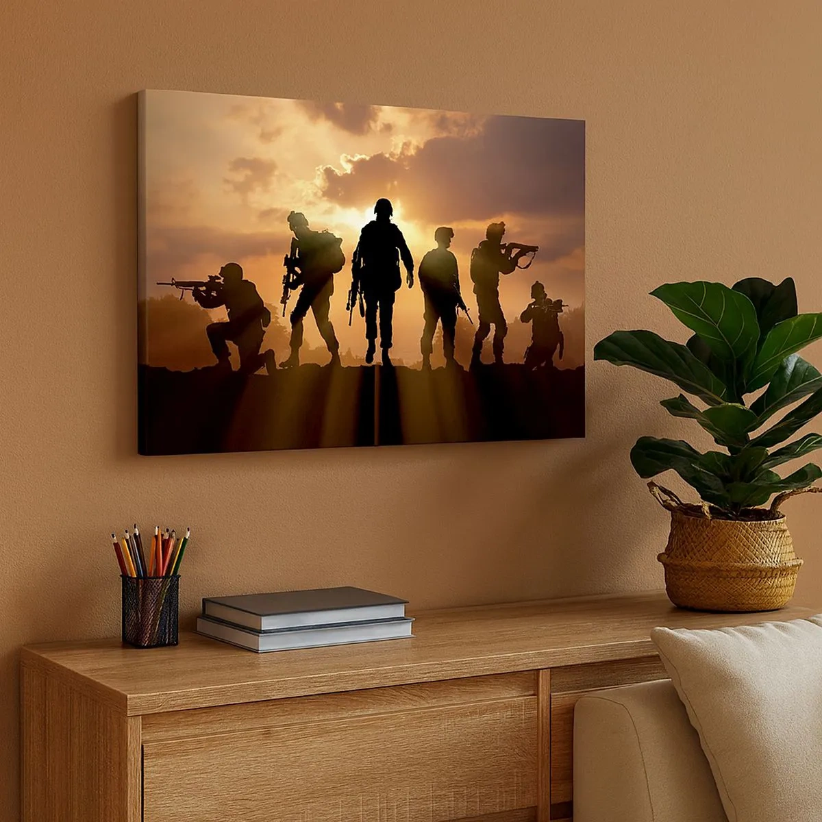 Canvas picture - Soldiers against the backdrop of the setting sun in a dynamic setting - 70x50cm - Brothers In Arms - Modern wall decoration for the living room and bedroom ARTTOR